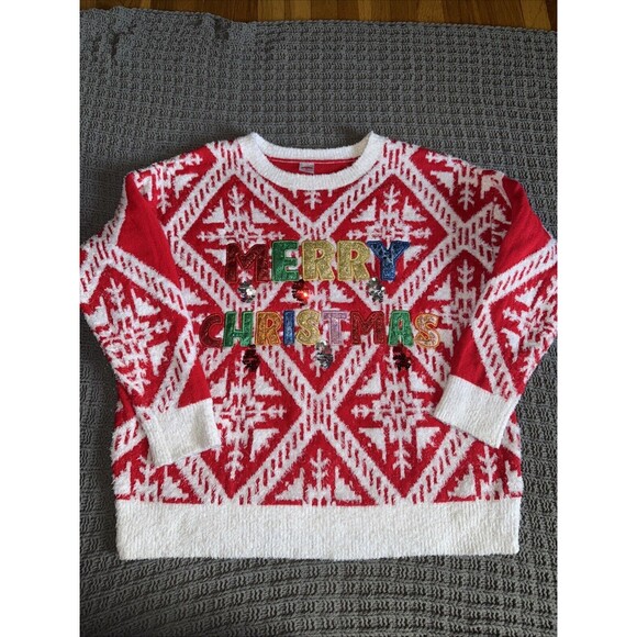 Ugly Christmas Fuzzy Red Glitter Sequin Merry Holiday Sweater 1X 16/18W - Picture 1 of 7